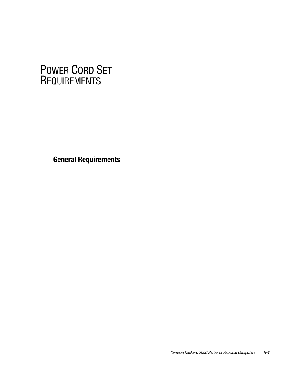 Power cord set requirements, Appendix, Ower | Equirements | Compaq Deskpro 2000 User Manual | Page 225 / 269