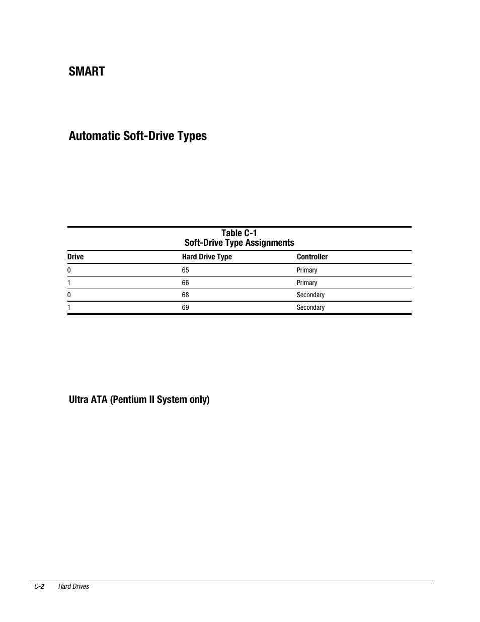 Smart, Automatic soft-drive types, Ultra ata (pentium ii system only) | Compaq Deskpro 2000 User Manual | Page 228 / 269
