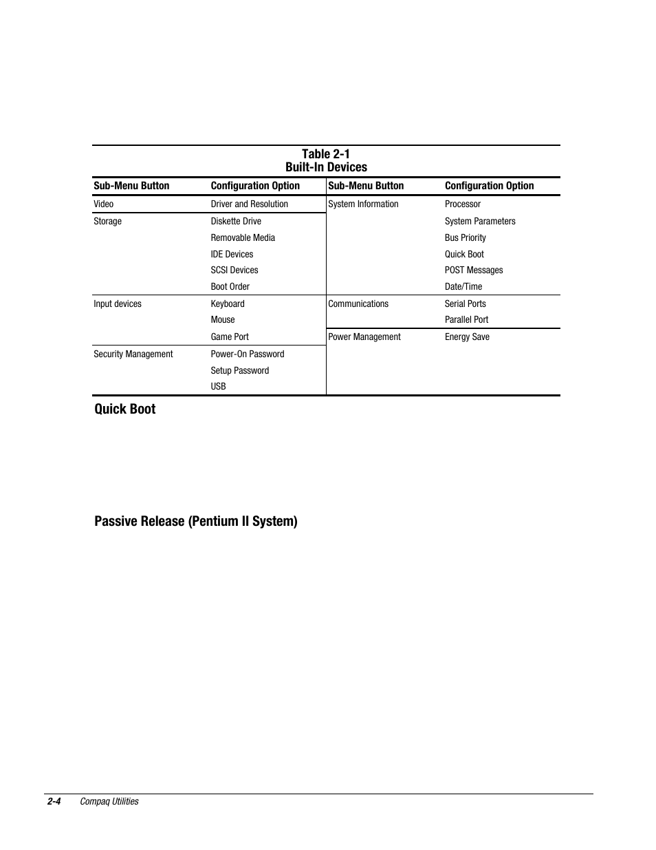 Quick boot, Passive release (pentium ii system) | Compaq Deskpro 2000 User Manual | Page 42 / 269