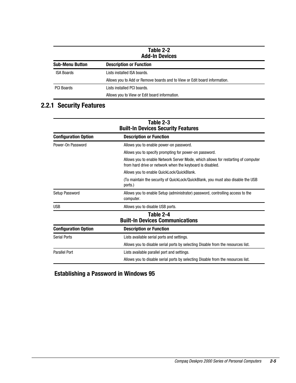 1 security features, Establishing a password in windows 95 | Compaq Deskpro 2000 User Manual | Page 43 / 269