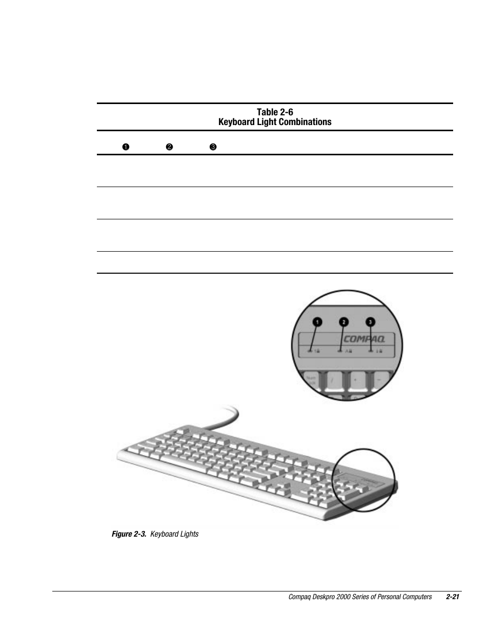 Table 2-6 keyboard light combinations | Compaq Deskpro 2000 User Manual | Page 59 / 269