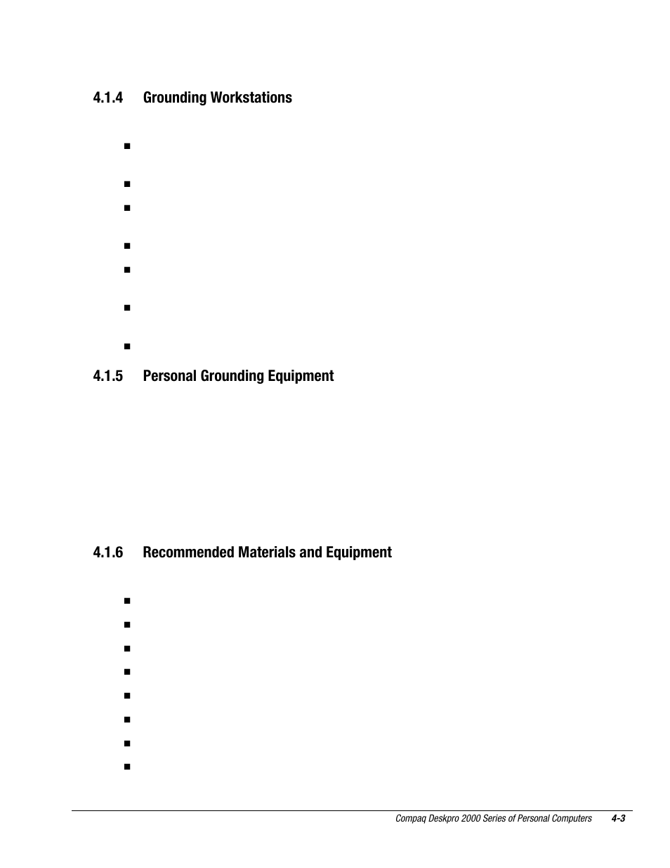 4 grounding workstations, 5 personal grounding equipment, 6 recommended materials and equipment | Compaq Deskpro 2000 User Manual | Page 96 / 269