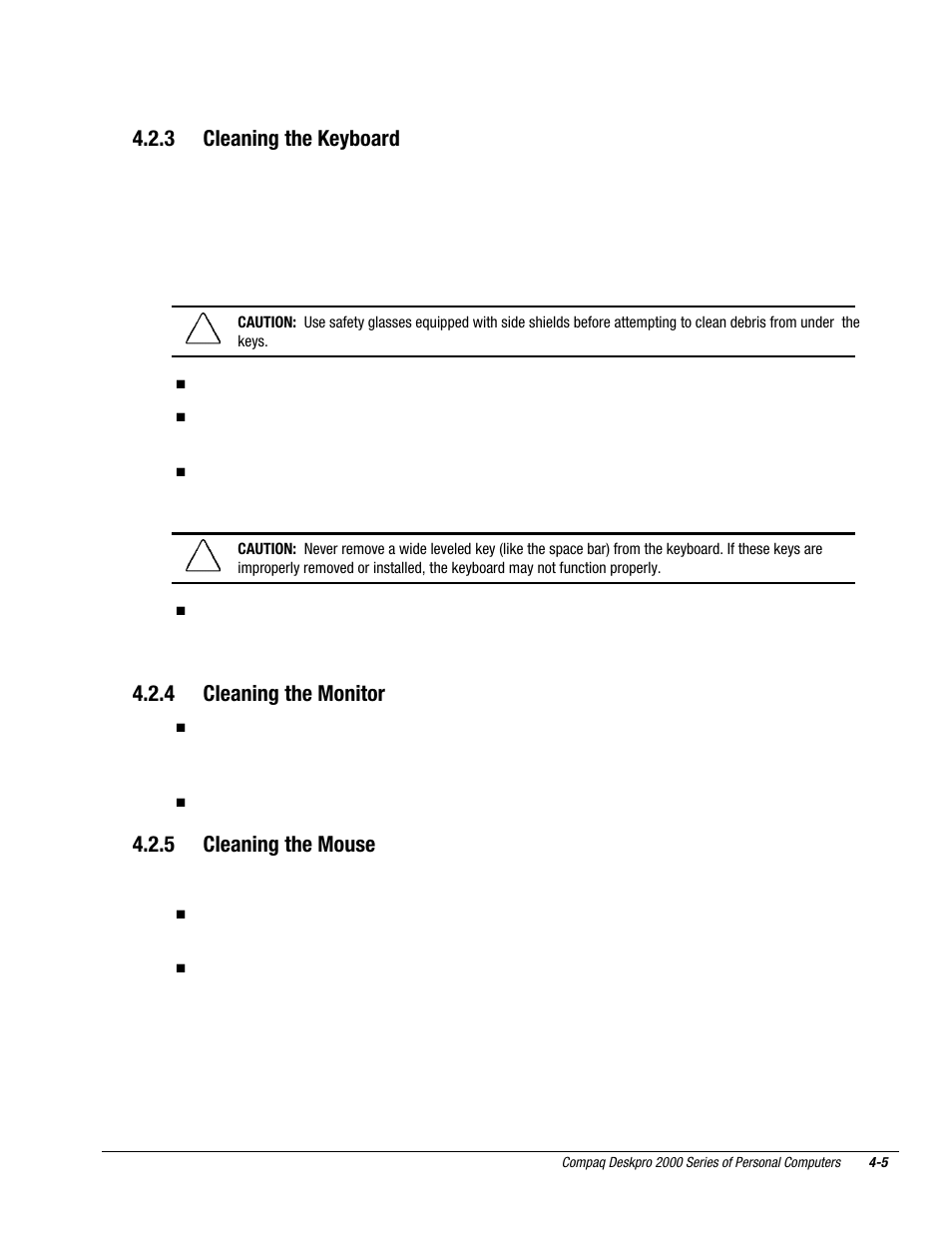 3 cleaning the keyboard, 4 cleaning the monitor, 5 cleaning the mouse | Compaq Deskpro 2000 User Manual | Page 98 / 269