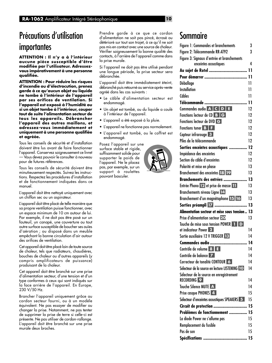 Précautions d’utilisation importantes, Sommaire | ROTEL RA-1062 User Manual | Page 10 / 46
