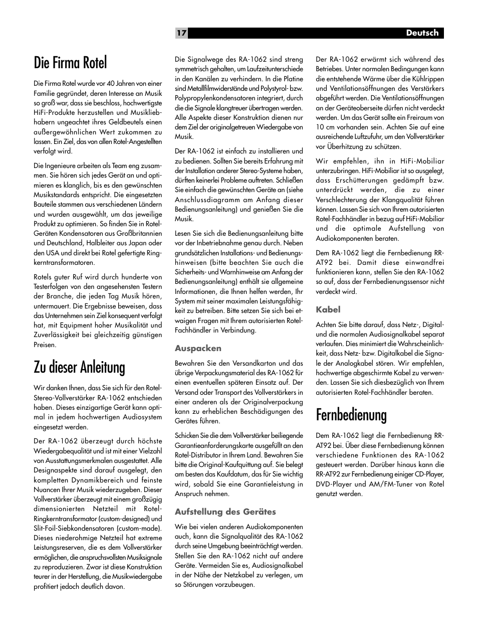 Die firma rotel, Zu dieser anleitung, Fernbedienung | ROTEL RA-1062 User Manual | Page 17 / 46