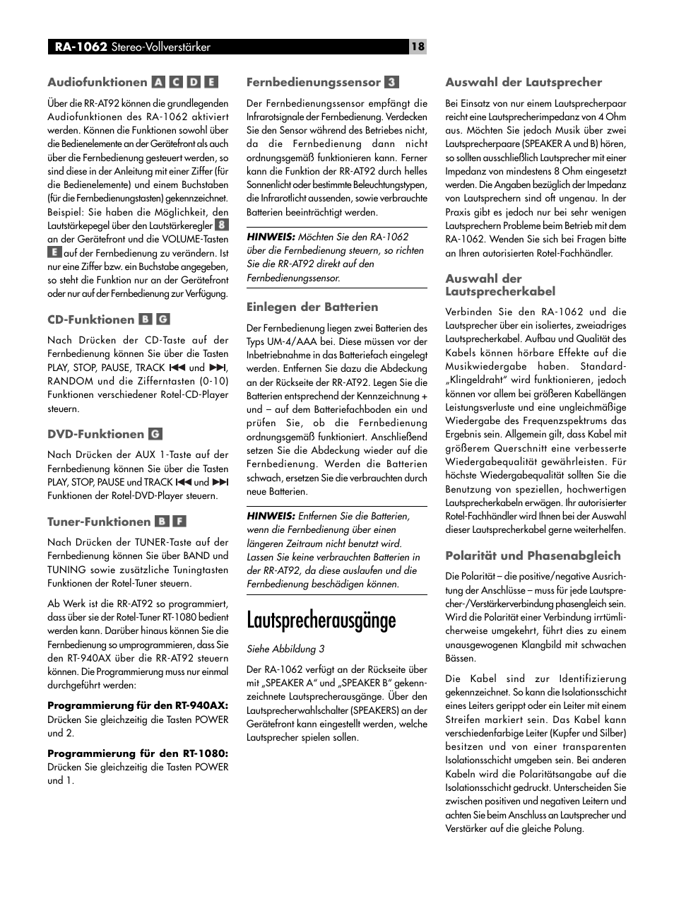 Lautsprecherausgänge | ROTEL RA-1062 User Manual | Page 18 / 46