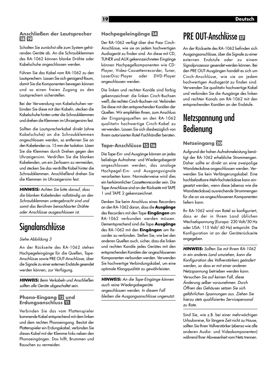 Signalanschlüsse, Pre out-anschlüsse, Netzspannung und bedienung | ROTEL RA-1062 User Manual | Page 19 / 46