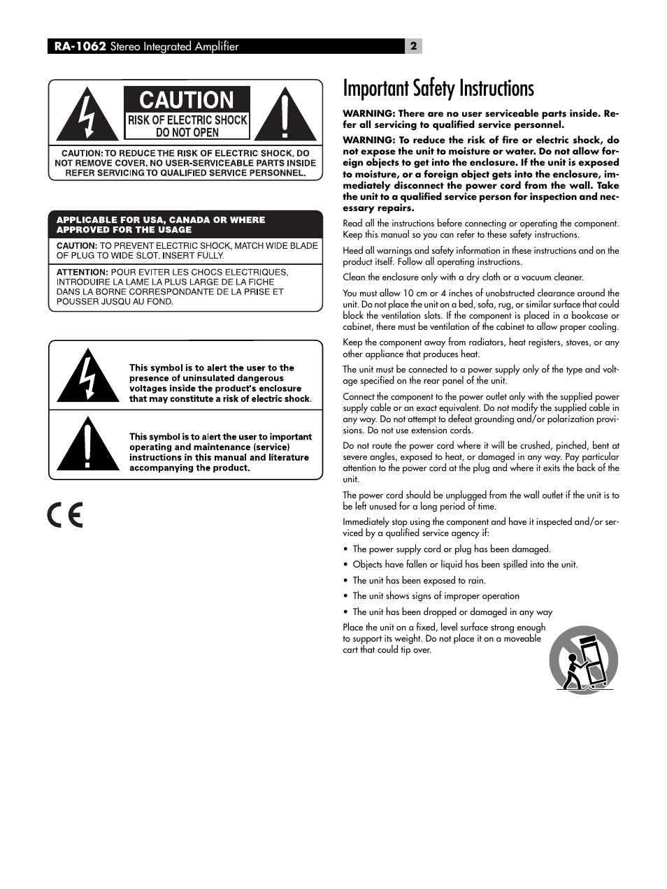 Important safety instructions | ROTEL RA-1062 User Manual | Page 2 / 46