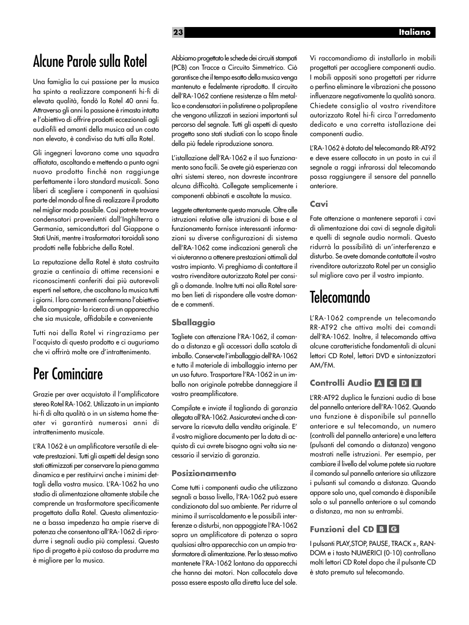 Alcune parole sulla rotel, Per cominciare, Telecomando | ROTEL RA-1062 User Manual | Page 23 / 46