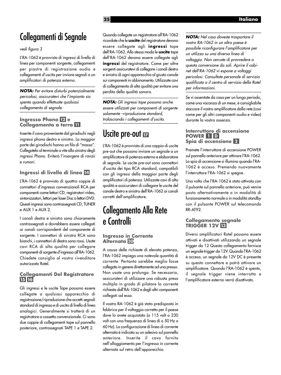 Collegamenti di segnale, Uscite pre-out, Collegamento alla rete e controlli | ROTEL RA-1062 User Manual | Page 25 / 46