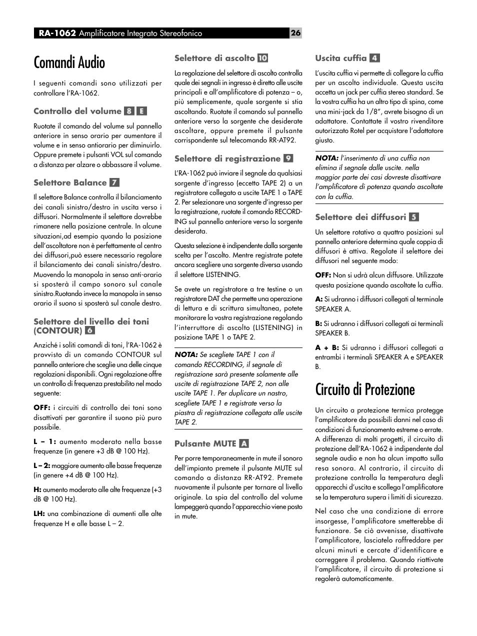 Comandi audio, Circuito di protezione | ROTEL RA-1062 User Manual | Page 26 / 46