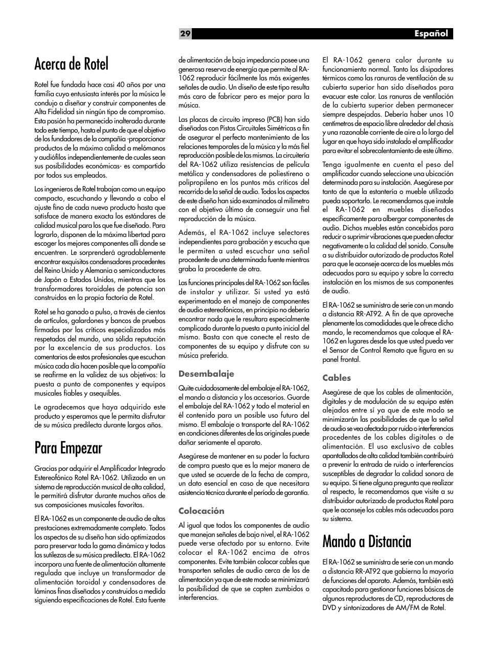 Acerca de rotel, Para empezar, Mando a distancia | ROTEL RA-1062 User Manual | Page 29 / 46