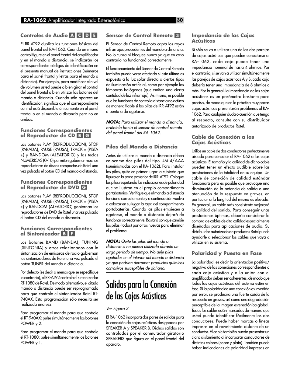 Salidas para la conexión de las cajas acústicas | ROTEL RA-1062 User Manual | Page 30 / 46