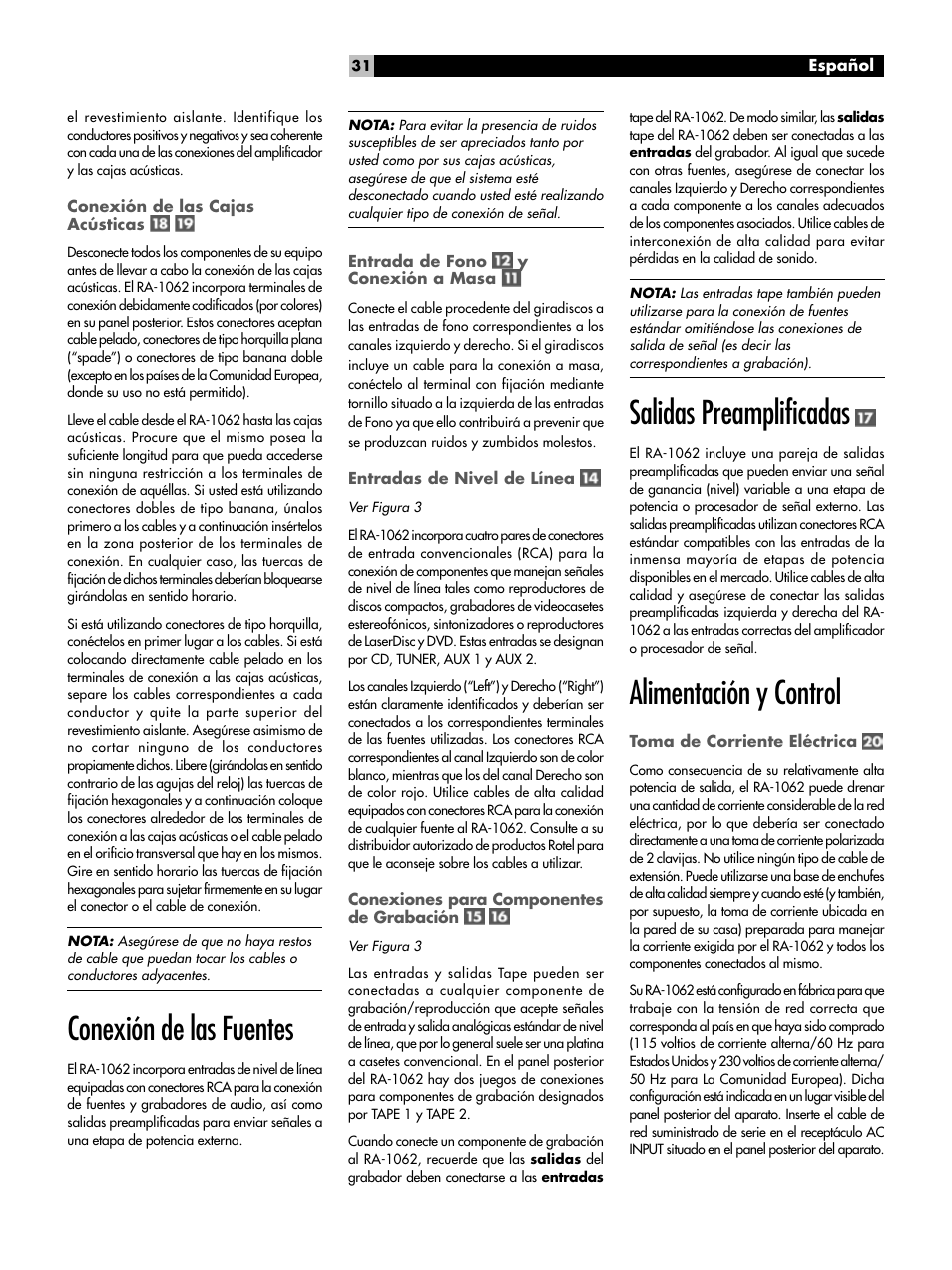 Conexión de las fuentes, Salidas preamplificadas, Alimentación y control | ROTEL RA-1062 User Manual | Page 31 / 46