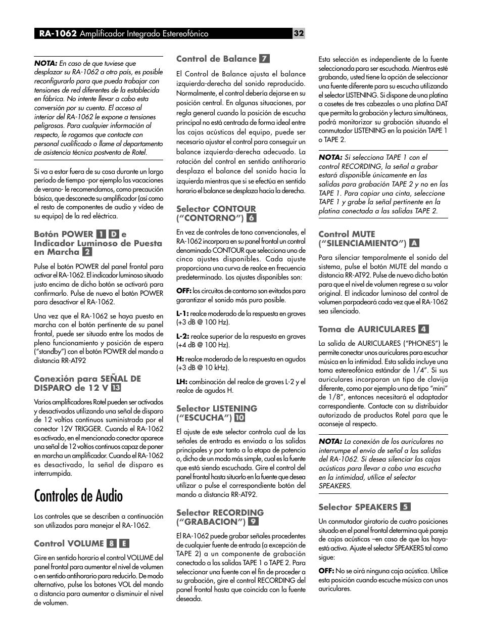 Controles de audio | ROTEL RA-1062 User Manual | Page 32 / 46