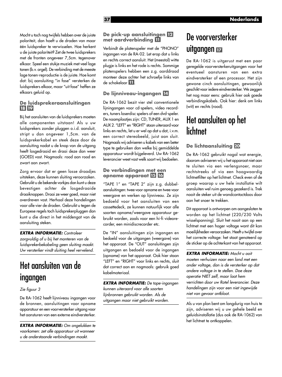 Het aansluiten van de ingangen, De voorversterker uitgangen, Het aansluiten op het lichtnet | ROTEL RA-1062 User Manual | Page 37 / 46