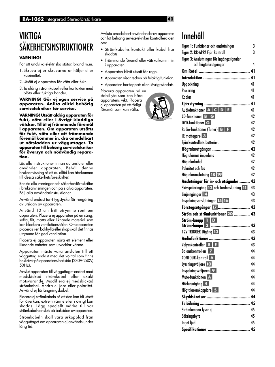 Viktiga säkerhetsinstruktioner, Innehåll | ROTEL RA-1062 User Manual | Page 40 / 46