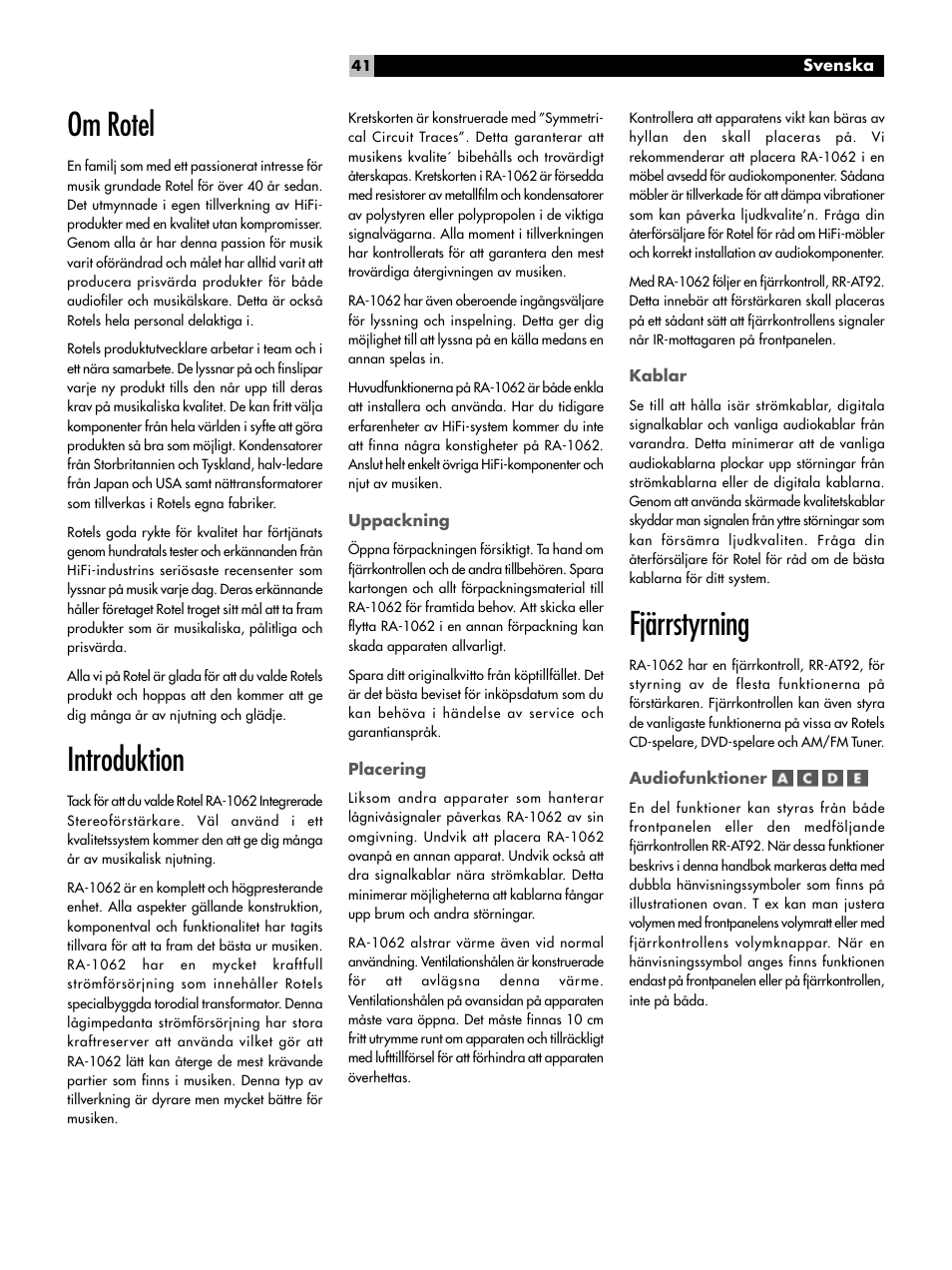 Om rotel, Introduktion, Fjärrstyrning | ROTEL RA-1062 User Manual | Page 41 / 46