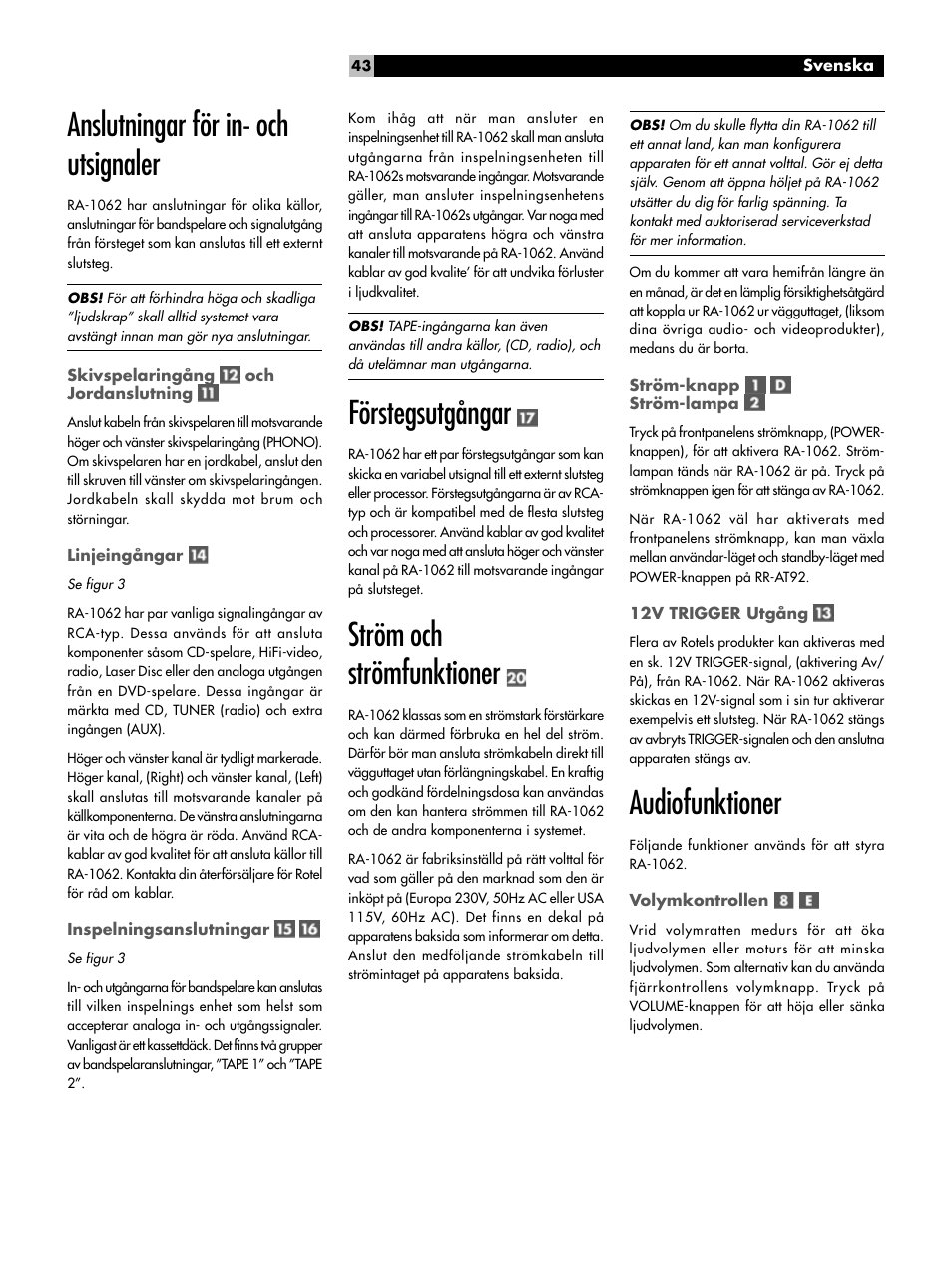 Anslutningar för in- och utsignaler, Förstegsutgångar, Ström och strömfunktioner | Audiofunktioner | ROTEL RA-1062 User Manual | Page 43 / 46