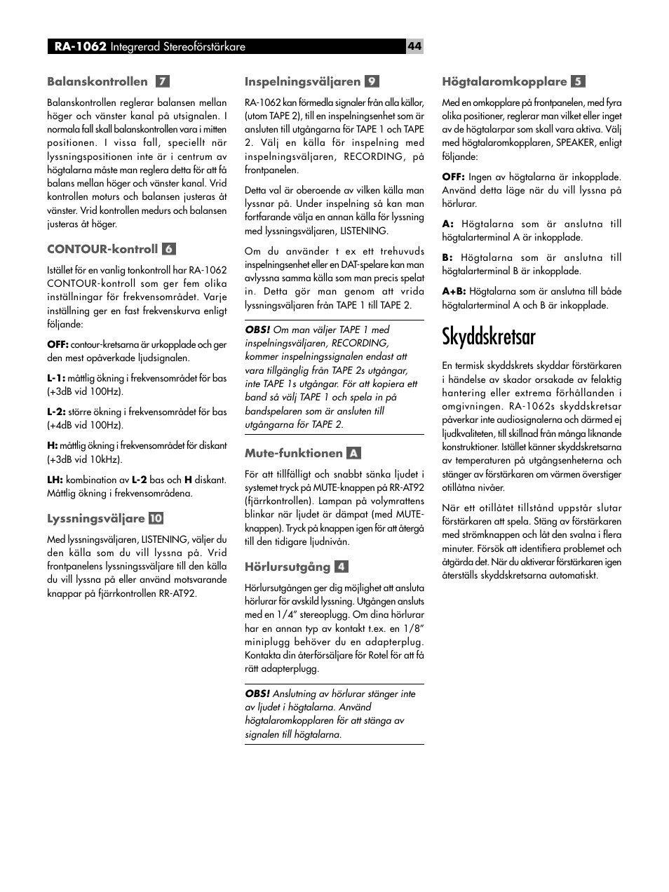 Skyddskretsar | ROTEL RA-1062 User Manual | Page 44 / 46