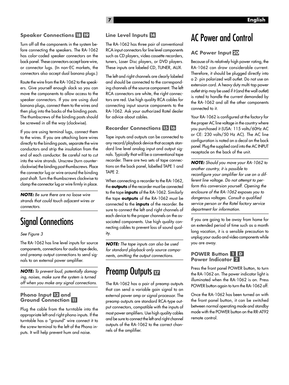 Signal connections, Preamp outputs, Ac power and control | ROTEL RA-1062 User Manual | Page 7 / 46