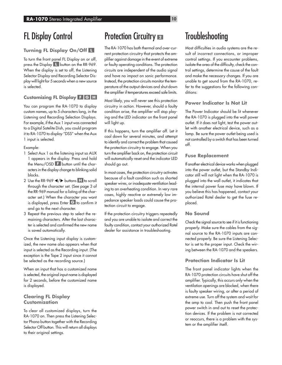 Fl display control, Protection circuitry, Troubleshooting | ROTEL RA-1070 User Manual | Page 10 / 50
