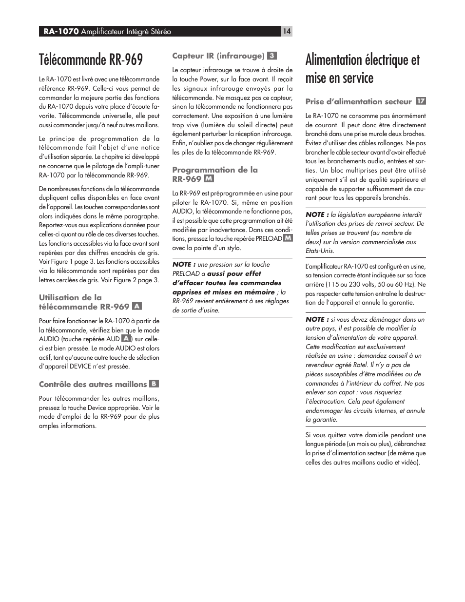 Télécommande rr-969, Alimentation électrique et mise en service | ROTEL RA-1070 User Manual | Page 14 / 50