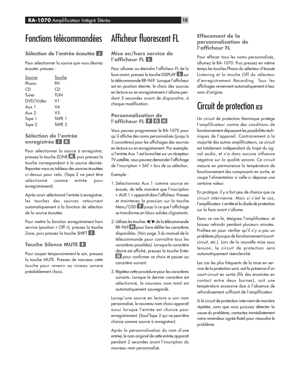 Fonctions télécommandées, Afficheur fluorescent fl, Circuit de protection | ROTEL RA-1070 User Manual | Page 18 / 50