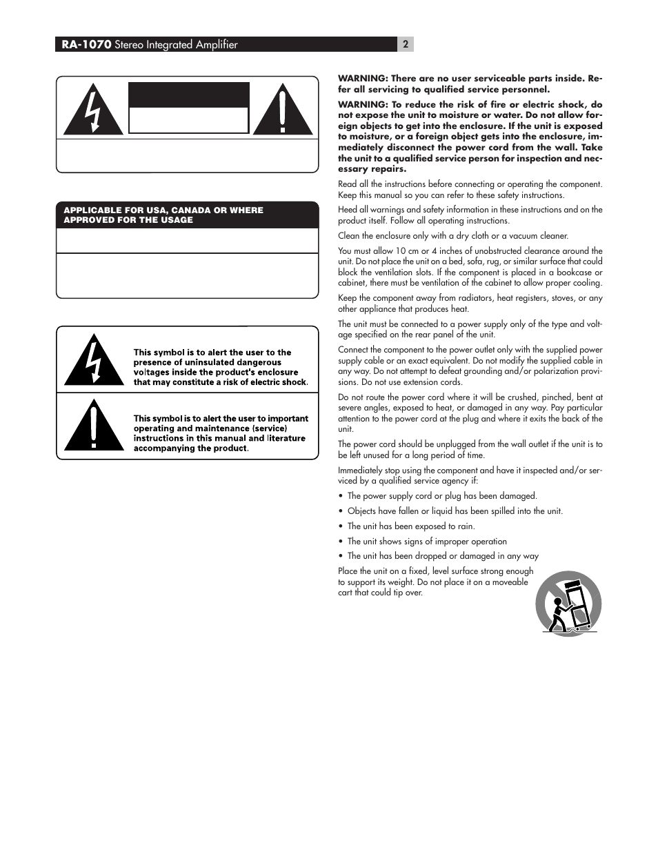 Caution, Risk of electric shock do not open | ROTEL RA-1070 User Manual | Page 2 / 50