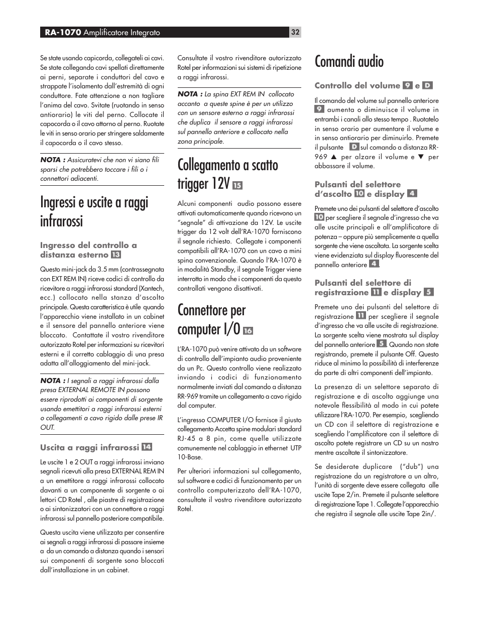 Ingressi e uscite a raggi infrarossi, Collegamento a scatto trigger 12v, Connettore per computer i/o | Comandi audio | ROTEL RA-1070 User Manual | Page 32 / 50