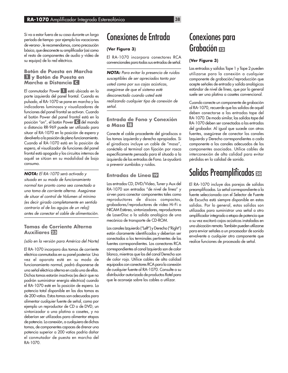 Conexiones de entrada, Conexiones para grabación, Salidas preamplificadas | ROTEL RA-1070 User Manual | Page 38 / 50