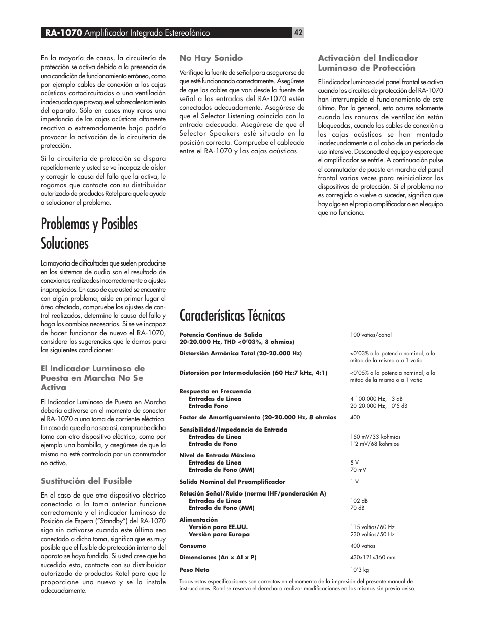 Problemas y posibles soluciones, Características técnicas | ROTEL RA-1070 User Manual | Page 42 / 50