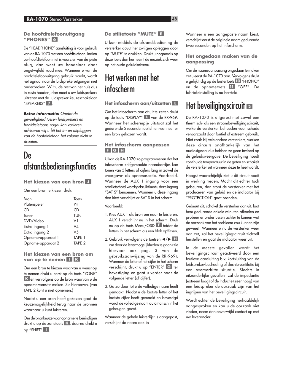 De afstandsbedieningsfuncties, Het werken met het infoscherm, Het beveiligingscircuit | ROTEL RA-1070 User Manual | Page 48 / 50