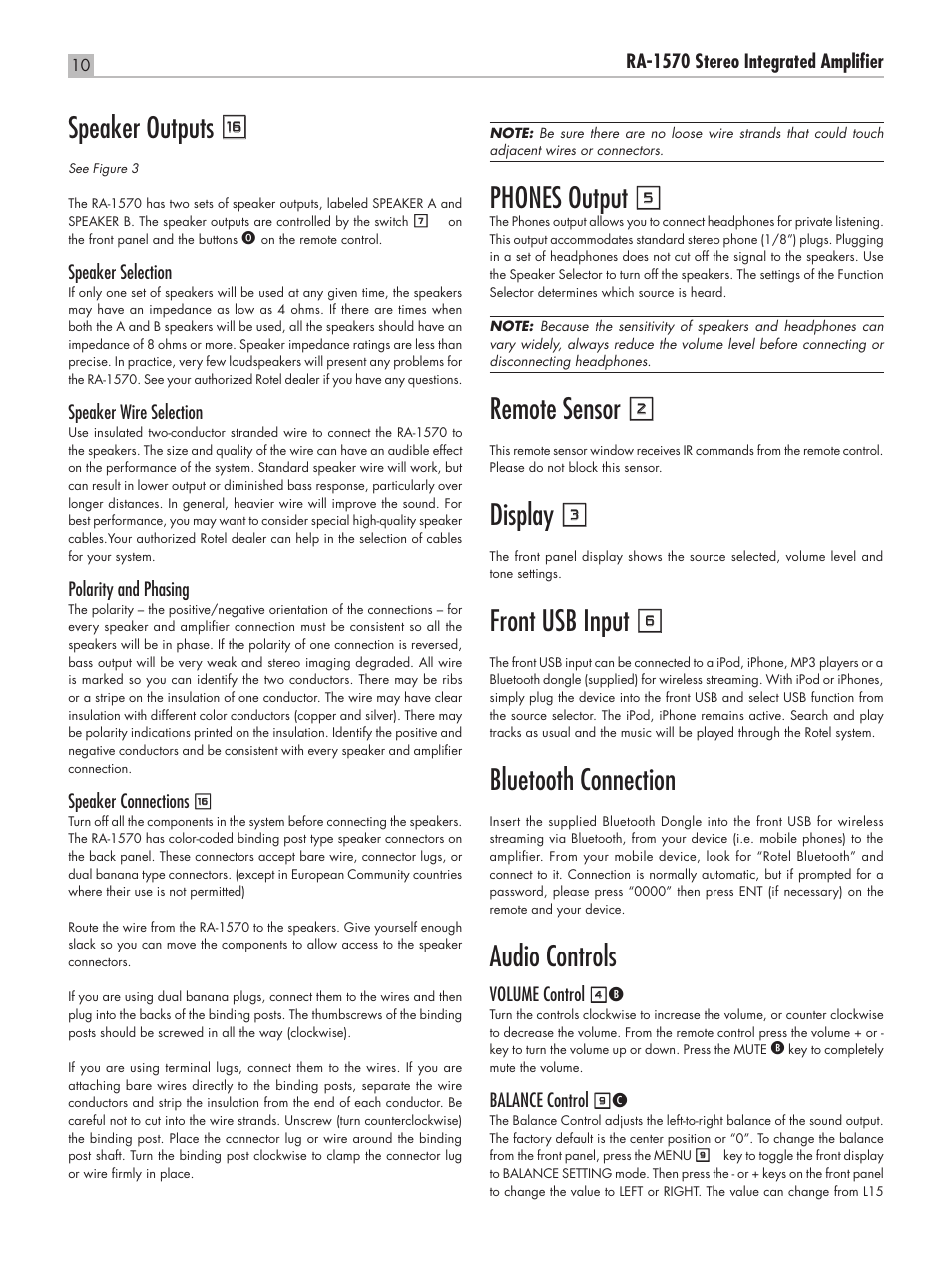 Speaker outputs r, Phones output 5, Remote sensor 2 | Display 3, Front usb input 6, Bluetooth connection, Audio controls | ROTEL RA-1570 User Manual | Page 10 / 76