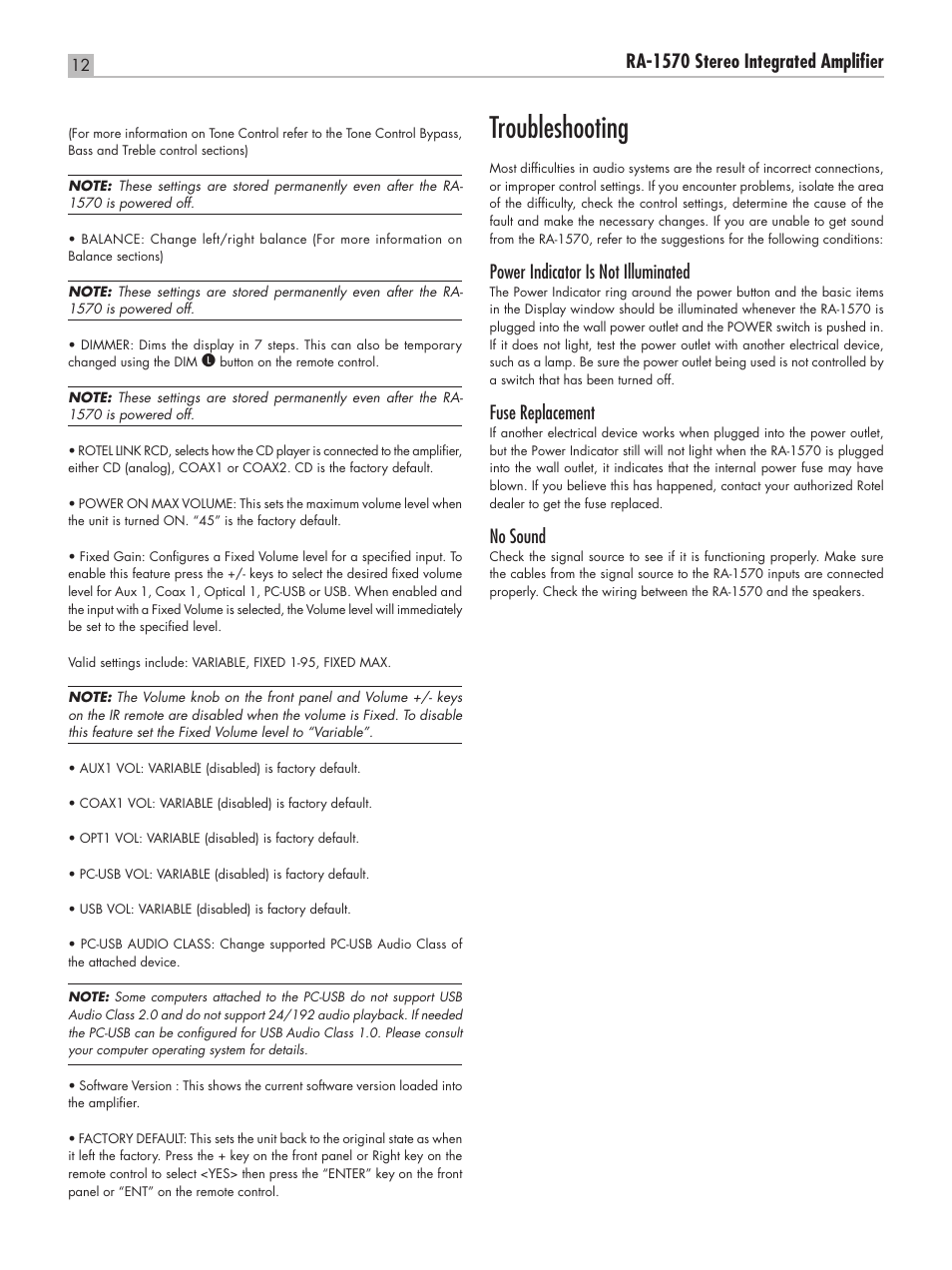 Troubleshooting, Ra‑1570 stereo integrated amplifier, Power indicator is not illuminated | Fuse replacement, No sound | ROTEL RA-1570 User Manual | Page 12 / 76