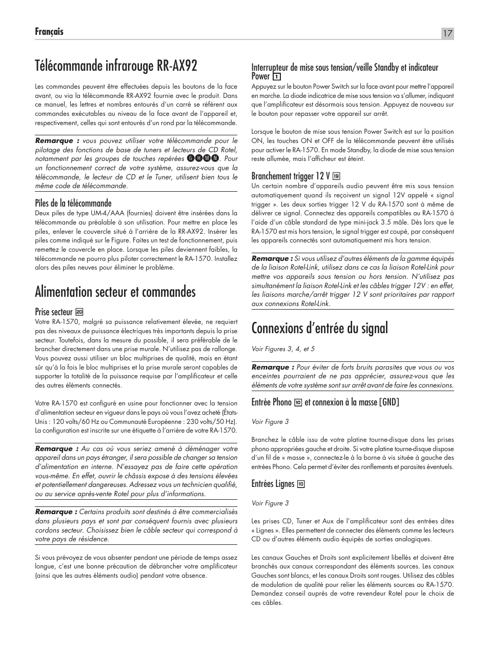 Télécommande infrarouge rr‑ax92, Alimentation secteur et commandes, Connexions d’entrée du signal | Français, Ghmn, Piles de la télécommande, Prise secteur, Branchement trigger 12 v, Entrée phono, Et connexion à la masse [gnd | ROTEL RA-1570 User Manual | Page 17 / 76