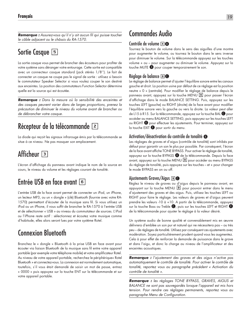 Sortie casque 5, Récepteur de la télécommande 2, Afficheur 3 | Entrée usb en face avant 6, Connexion bluetooth, Commandes audio | ROTEL RA-1570 User Manual | Page 19 / 76