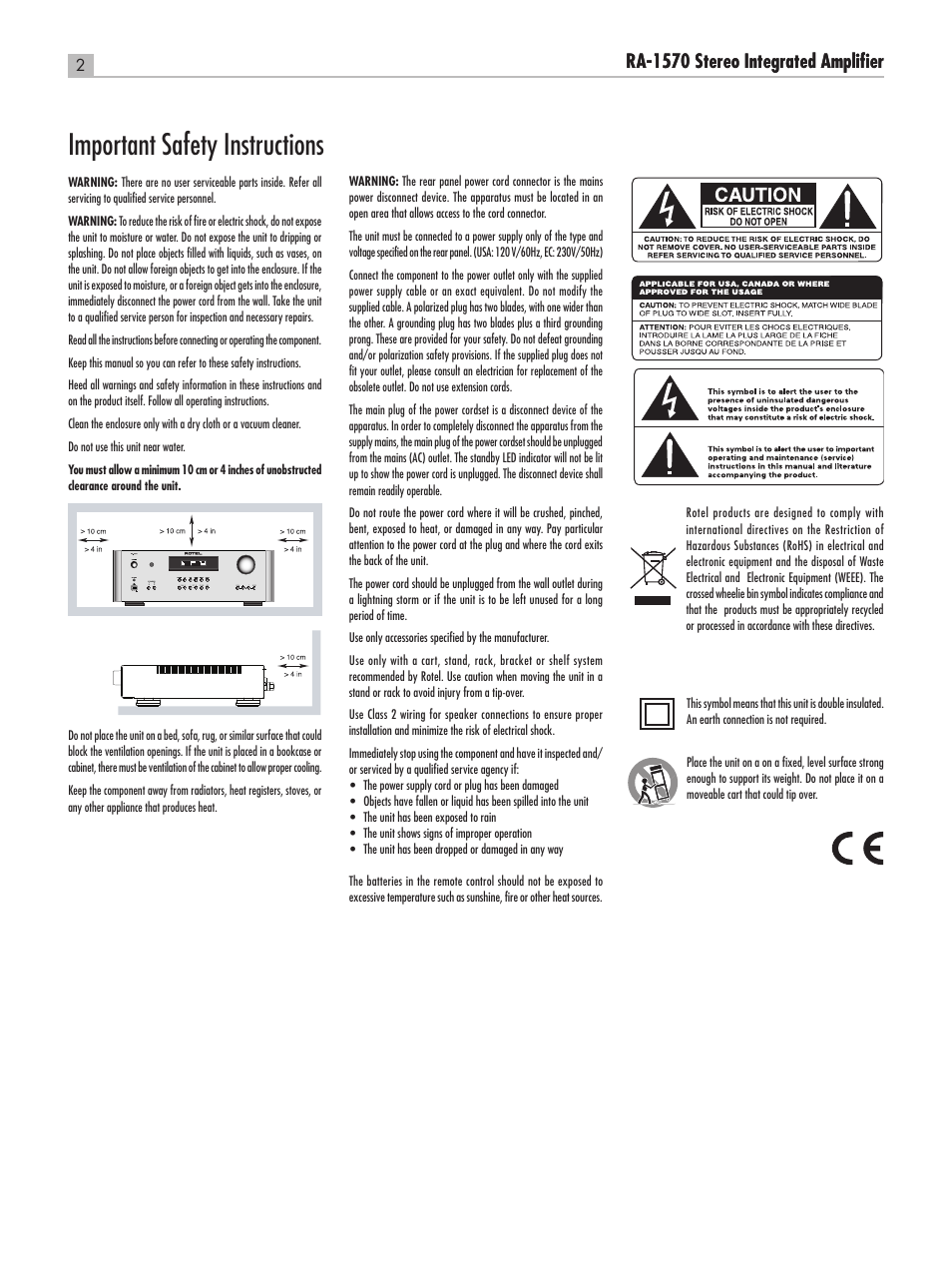 Important safety instructions, Ra‑1570 stereo integrated amplifier | ROTEL RA-1570 User Manual | Page 2 / 76