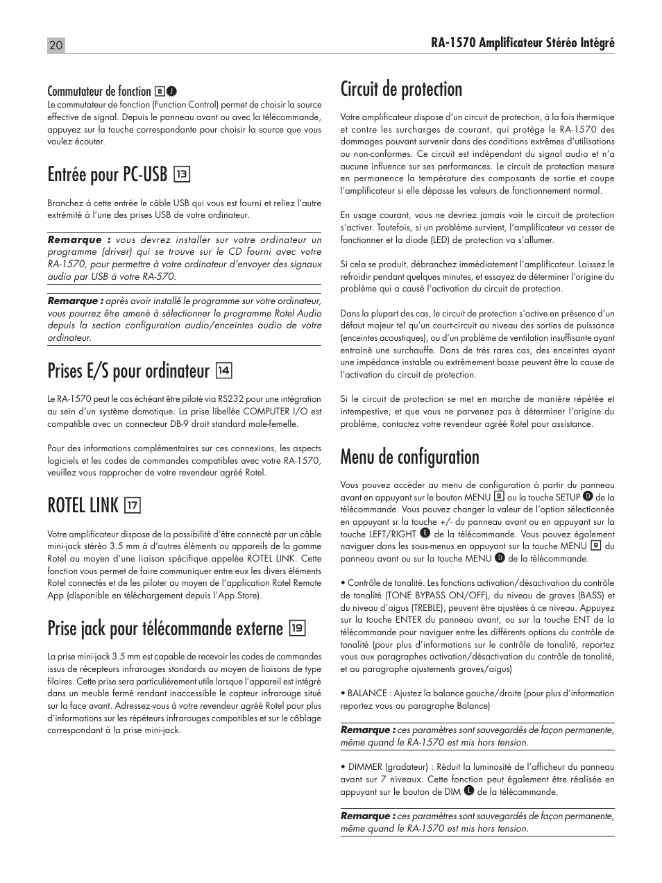 Circuit de protection, Menu de configuration, Entrée pour pc‑usb q | Prises e/s pour ordinateur w, Rotel link t, Prise jack pour télécommande externe u, Ra‑1570 amplificateur stéréo intégré, Commutateur de fonction | ROTEL RA-1570 User Manual | Page 20 / 76