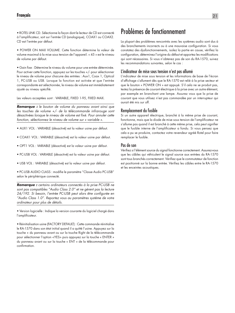 Problèmes de fonctionnement, Français, L’indicateur de mise sous tension n’est pas allumé | Remplacement du fusible, Pas de son | ROTEL RA-1570 User Manual | Page 21 / 76