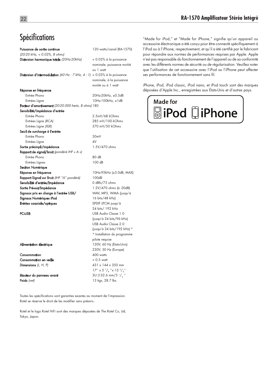 Spécifications, Ra‑1570 amplificateur stéréo intégré | ROTEL RA-1570 User Manual | Page 22 / 76