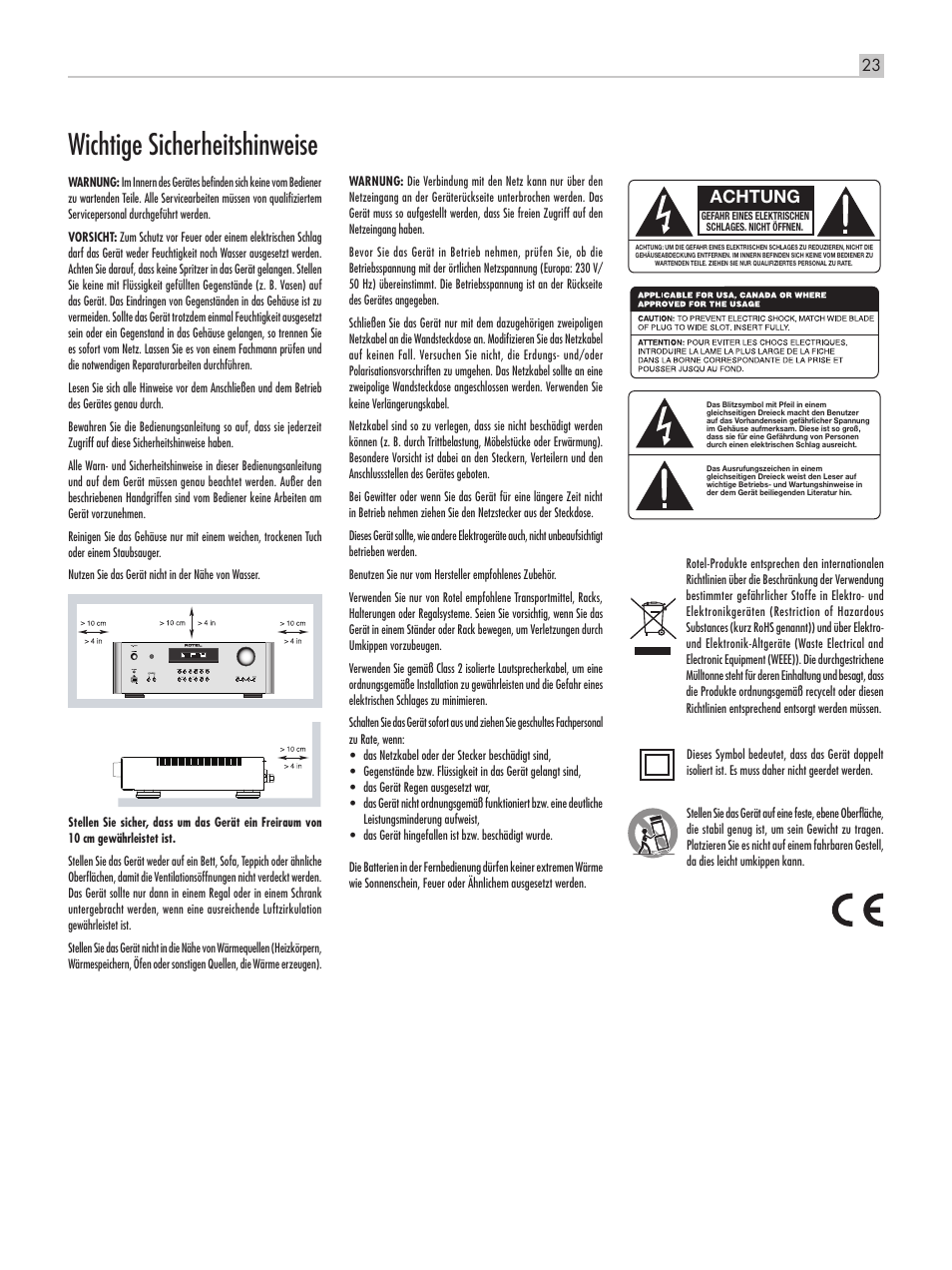 Wichtige sicherheitshinweise, Ra‑1570 stereo‑vollverstärker, Achtung | Pb 23 | ROTEL RA-1570 User Manual | Page 23 / 76