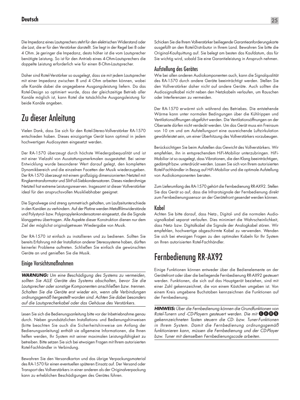 Zu dieser anleitung, Fernbedienung rr‑ax92, Deutsch | Einige vorsichtsmaßnahmen, Aufstellung des gerätes, Kabel, Ghmn | ROTEL RA-1570 User Manual | Page 25 / 76