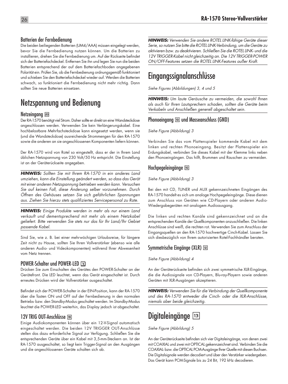 Netzspannung und bedienung, Eingangssignalanschlüsse, Digitaleingänge q | Netzeingang, Power‑schalter und power‑led, 12v trig out‑anschlüsse, Phonoeingang, Und masseanschluss (gnd), Hochpegeleingänge, Symmetrische eingänge (xlr) | ROTEL RA-1570 User Manual | Page 26 / 76