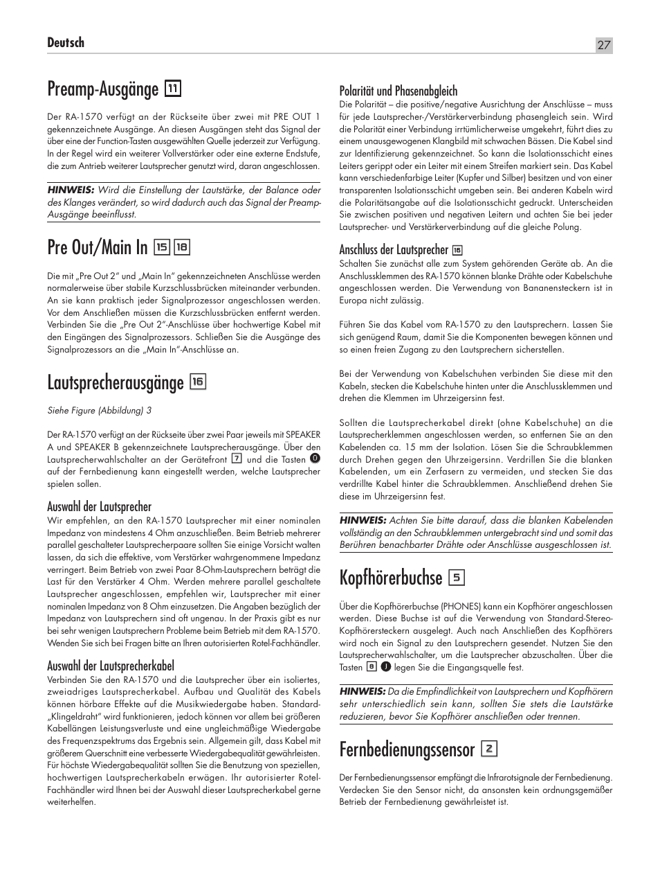 Preamp‑ausgänge, Pre out/main in ey, Lautsprecherausgänge r | Kopfhörerbuchse 5, Fernbedienungssensor 2 | ROTEL RA-1570 User Manual | Page 27 / 76