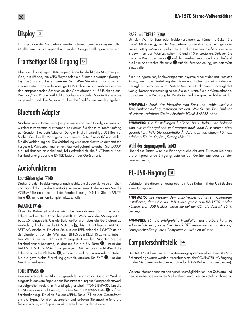 Display 3, Frontseitiger usb‑eingang 6, Bluetooth‑adapter | Audiofunktionen, Pc‑usb‑eingang q, Computerschnittstelle w, Ra‑1570 stereo‑vollverstärker, Lautstärkeregler, Balance, Tone bypass k | ROTEL RA-1570 User Manual | Page 28 / 76