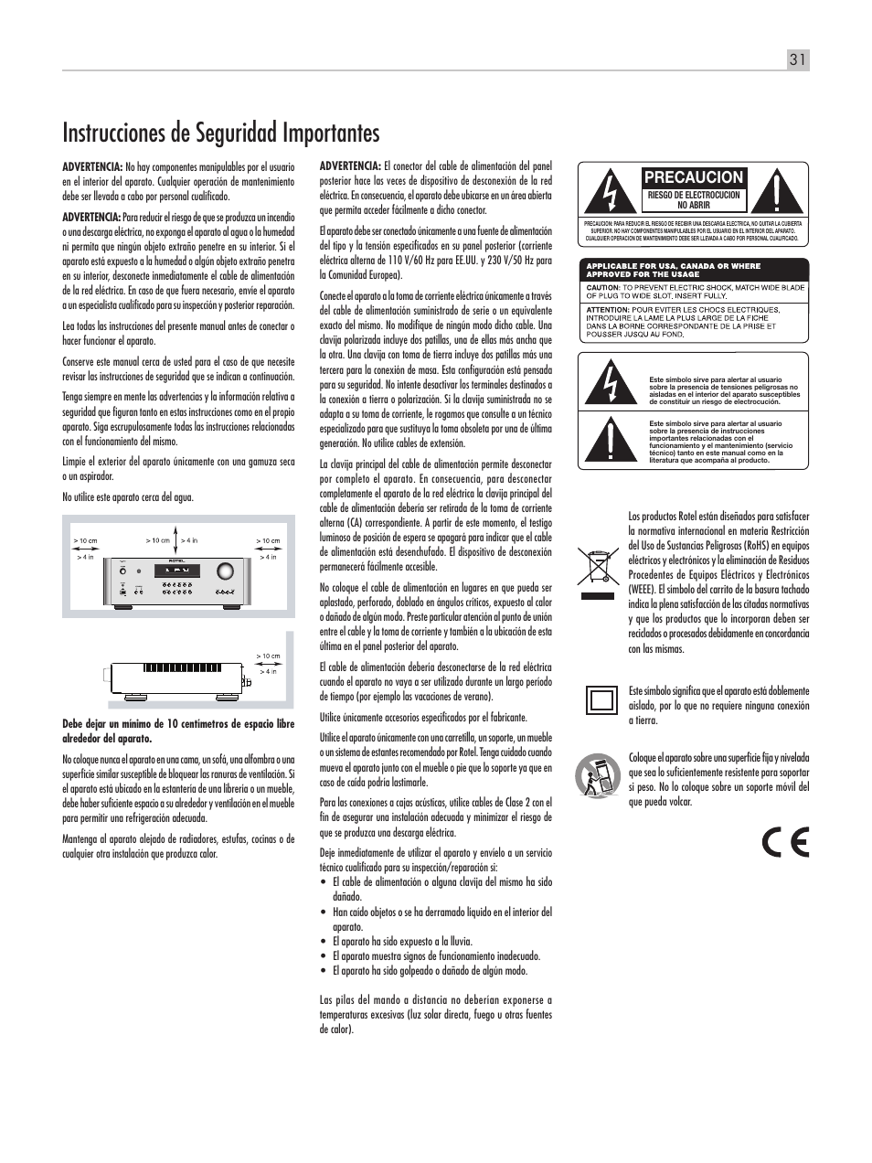 Instrucciones de seguridad importantes, Ra‑1570 amplificador integrado estereofónico, Precaucion | Pb 31 | ROTEL RA-1570 User Manual | Page 31 / 76