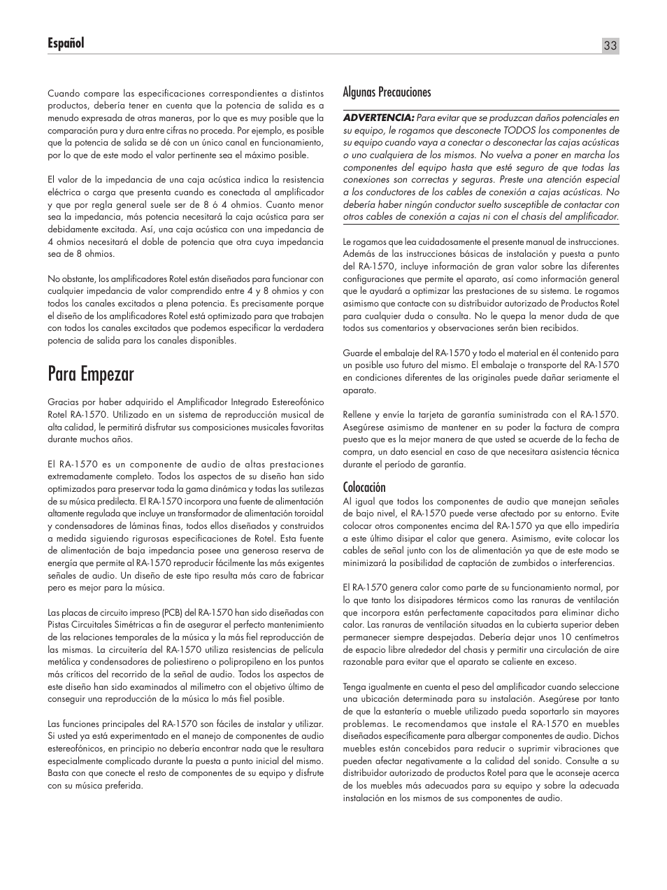 Para empezar, Español, Algunas precauciones | Colocación | ROTEL RA-1570 User Manual | Page 33 / 76