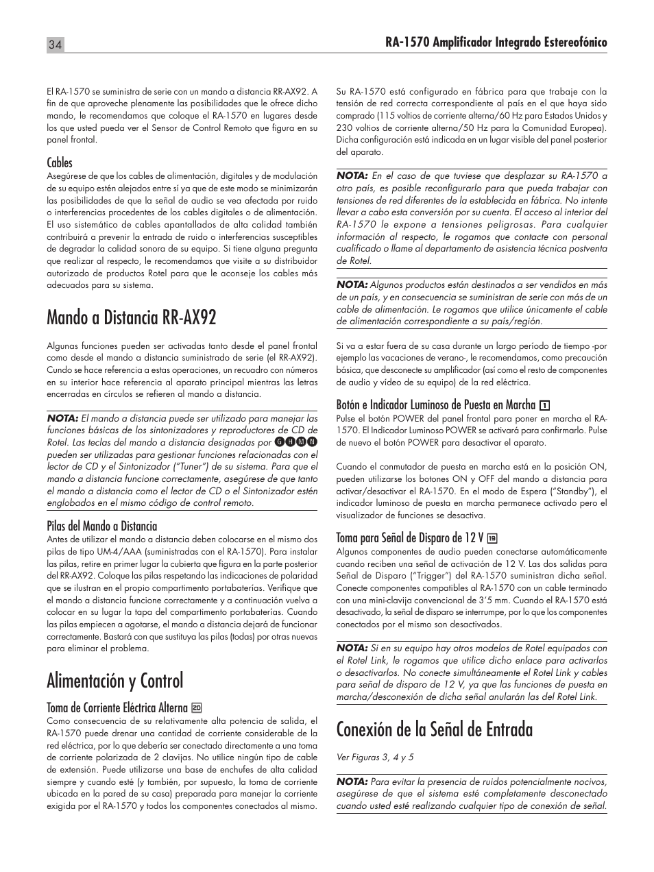 Mando a distancia rr‑ax92, Alimentación y control, Conexión de la señal de entrada | Ra‑1570 amplificador integrado estereofónico, Cables, Ghmn, Pilas del mando a distancia, Toma de corriente eléctrica alterna, Botón e indicador luminoso de puesta en marcha, Toma para señal de disparo de 12 v | ROTEL RA-1570 User Manual | Page 34 / 76