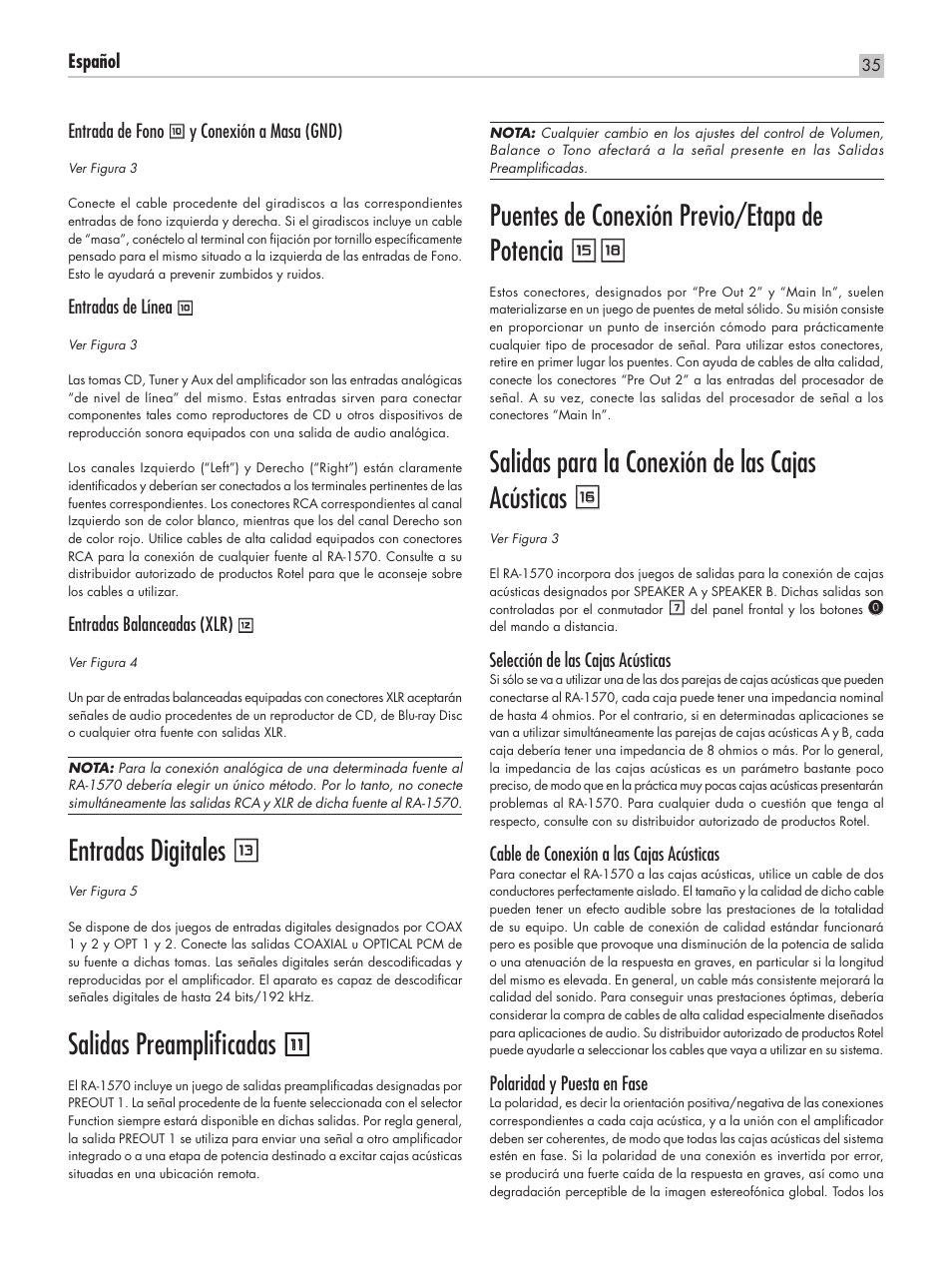 Entradas digitales q, Salidas preamplificadas, Puentes de conexión previo/etapa de potencia ey | Salidas para la conexión de las cajas acústicas r | ROTEL RA-1570 User Manual | Page 35 / 76